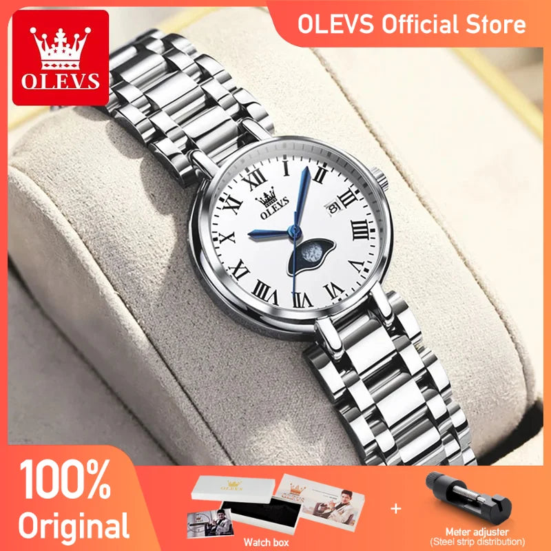 Olevs Damen uhren Minimalismus Mode Original Mädchen Armbanduhr wasserdicht Edelstahl Kalender Mond Pash Armband Set