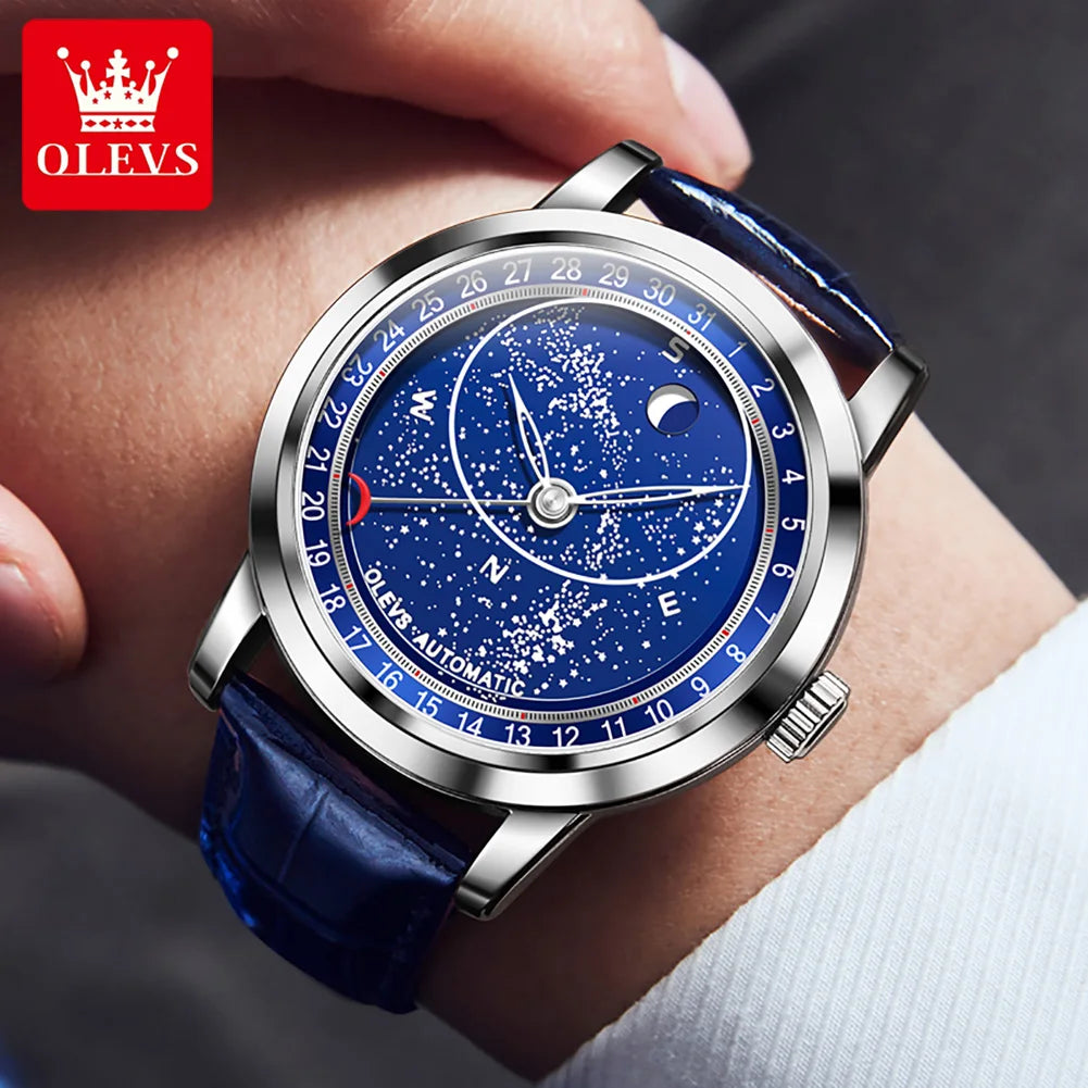 OLEVS herren Uhren Mondphase Automatische Mechanische Uhr für Mann Blau Leder Luxus Kleid Wasserdicht Leucht Armbanduhr