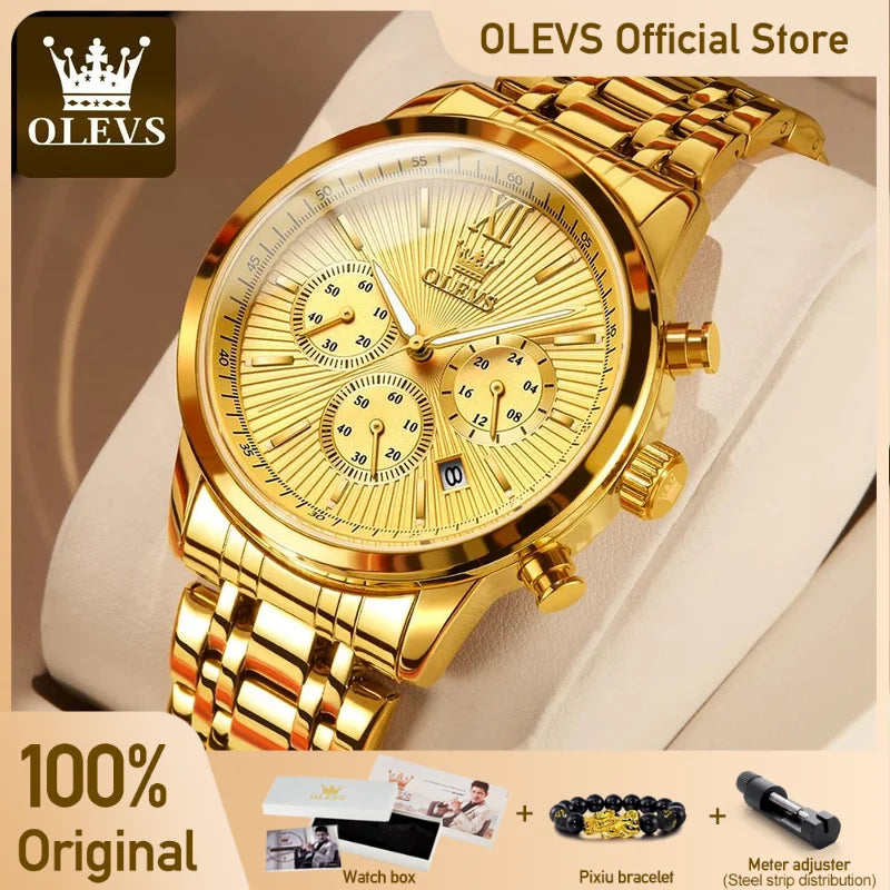 Olevs Herren uhren Luxus Gold Mode Armbanduhr für Mann Edelstahl wasserdicht leuchtenden Chronograph Datum 24 Stunden Anzeige