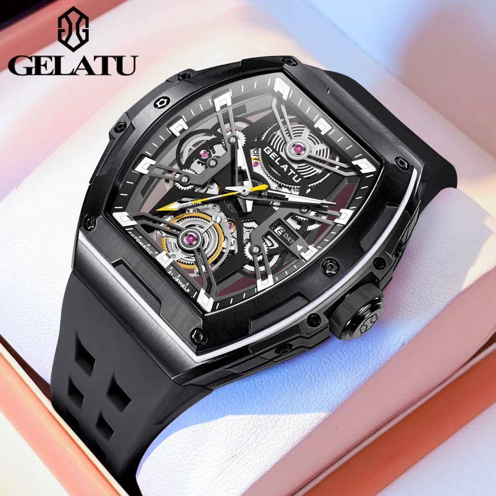 Gelatu 6012 Herren uhr Luxusmarke automatische mechanische Uhr wasserdichtes Skelett Sport Silikon Armband Relios Masculino