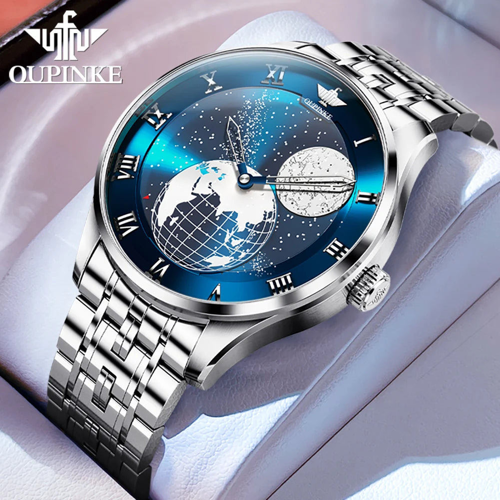 OUPINKE 3230 Men's Fully Automatic Mechanical Watch High Quality CITIZEN Movement Watch 3D Earth Starry Sky Business Men's Watch