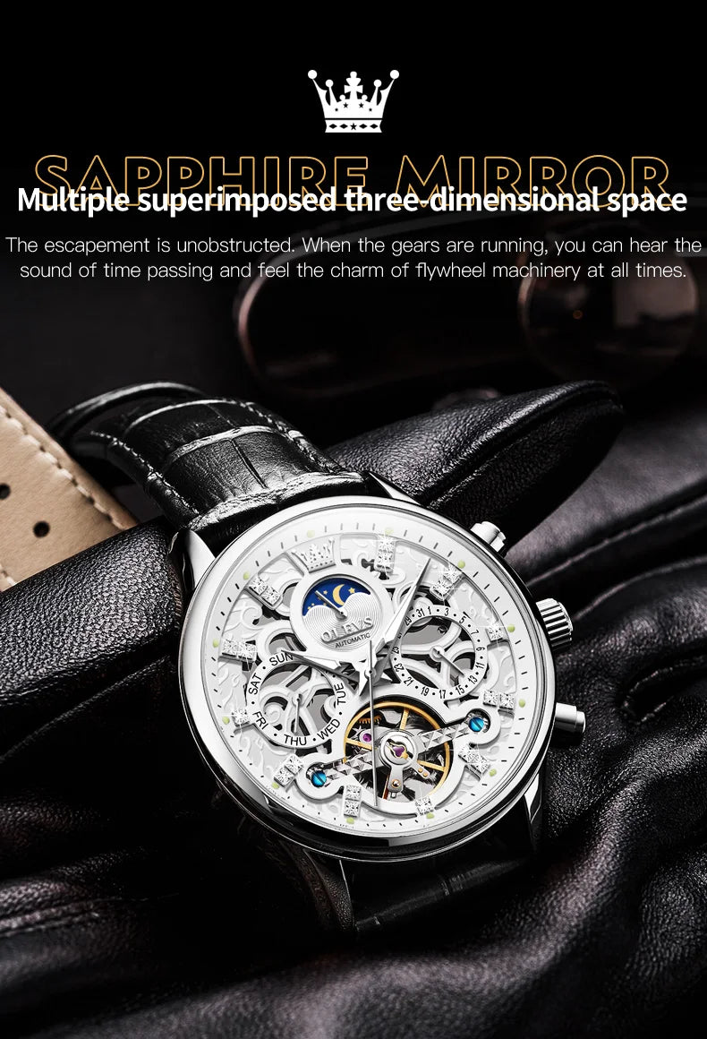 OLEVS Top Marke männer Uhren Mode Skeleton Tourbillon Automatische Mechanische Armbanduhr für Männer Wasserdicht Lederband Neue