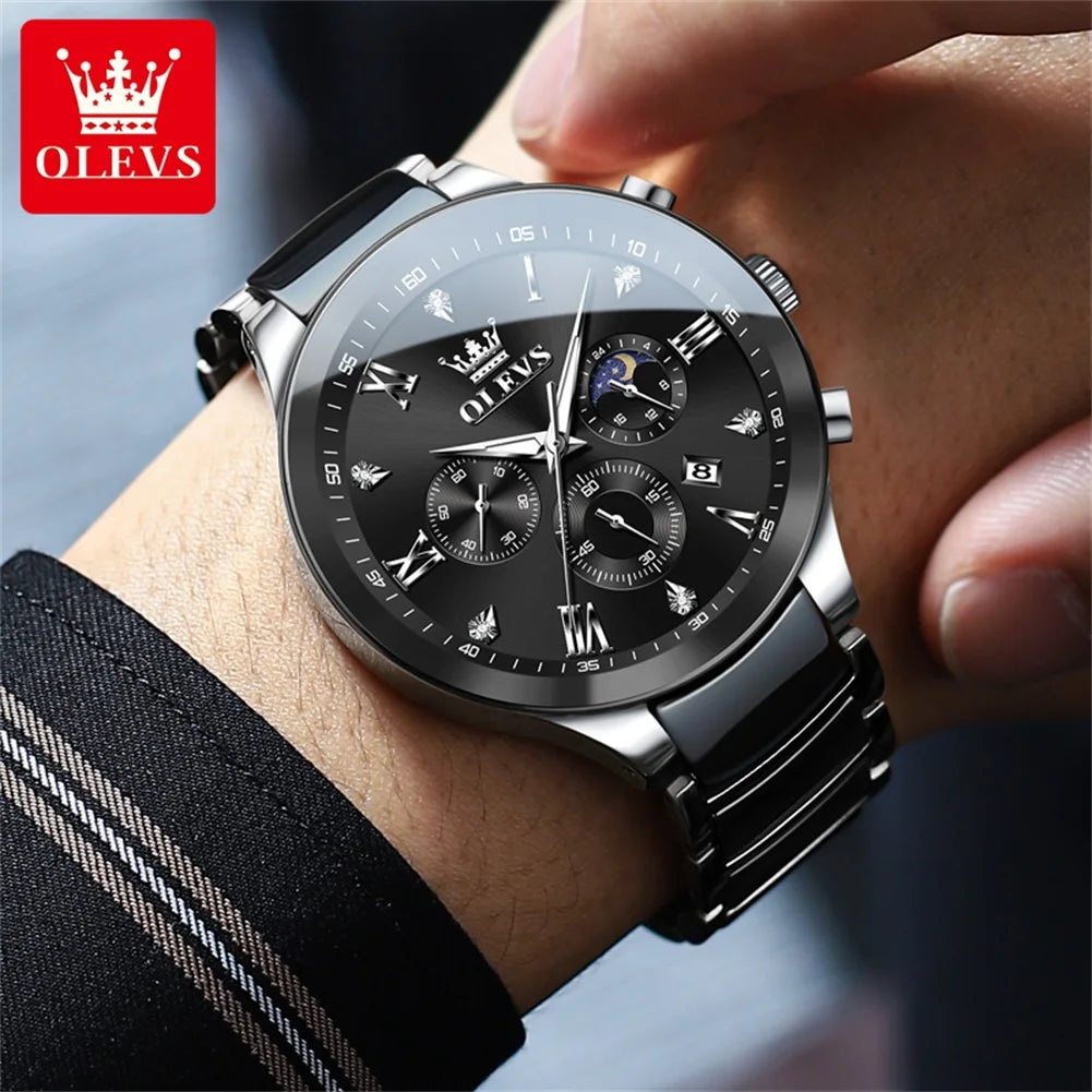 Olevs Herren uhren klassisches Modedesign Original Armbanduhr für Mann Chronograph Keramik armband wasserdichte leuchtende Mondphase