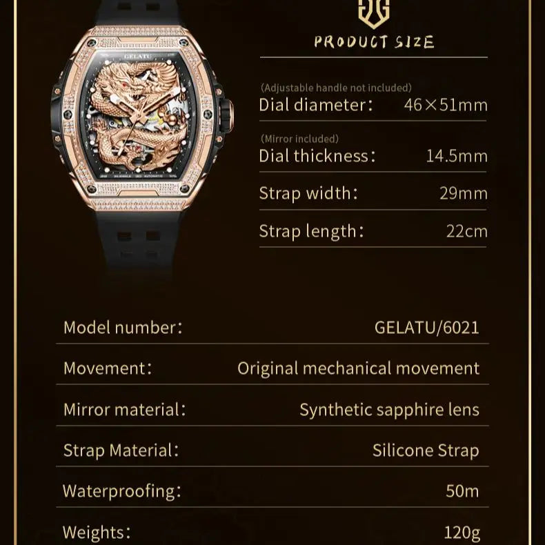 GELATU 6021 Hohle Herrenuhr, Silikonarmband, luxuriös, wasserdicht, High-End-Volldiamant-Drachen-Zifferblatt, automatische mechanische Markenuhr