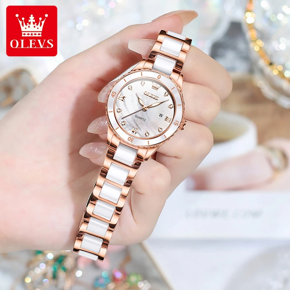 OLEVS Damenuhren, elegante Mode, Keramik, Quarz, Wirtwatch für Damen, Diamant-Skala, Datumsanzeige, wasserdicht, leuchtend