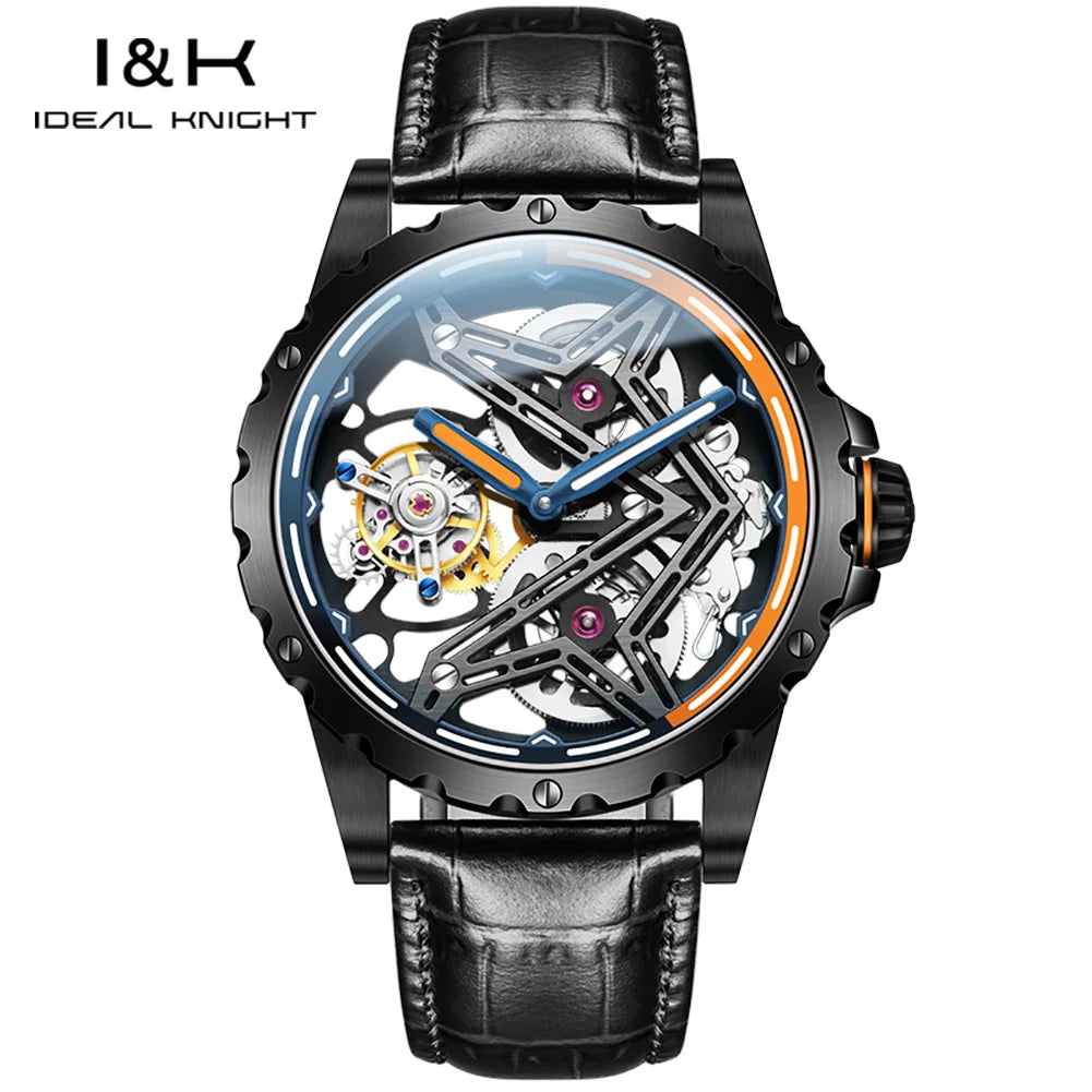 Ideal Knight Tourbillon Automatic Watch for Men Orange Blue Luminous Dial Fashion Black Steel Strap Hand Clock Great Wall Series