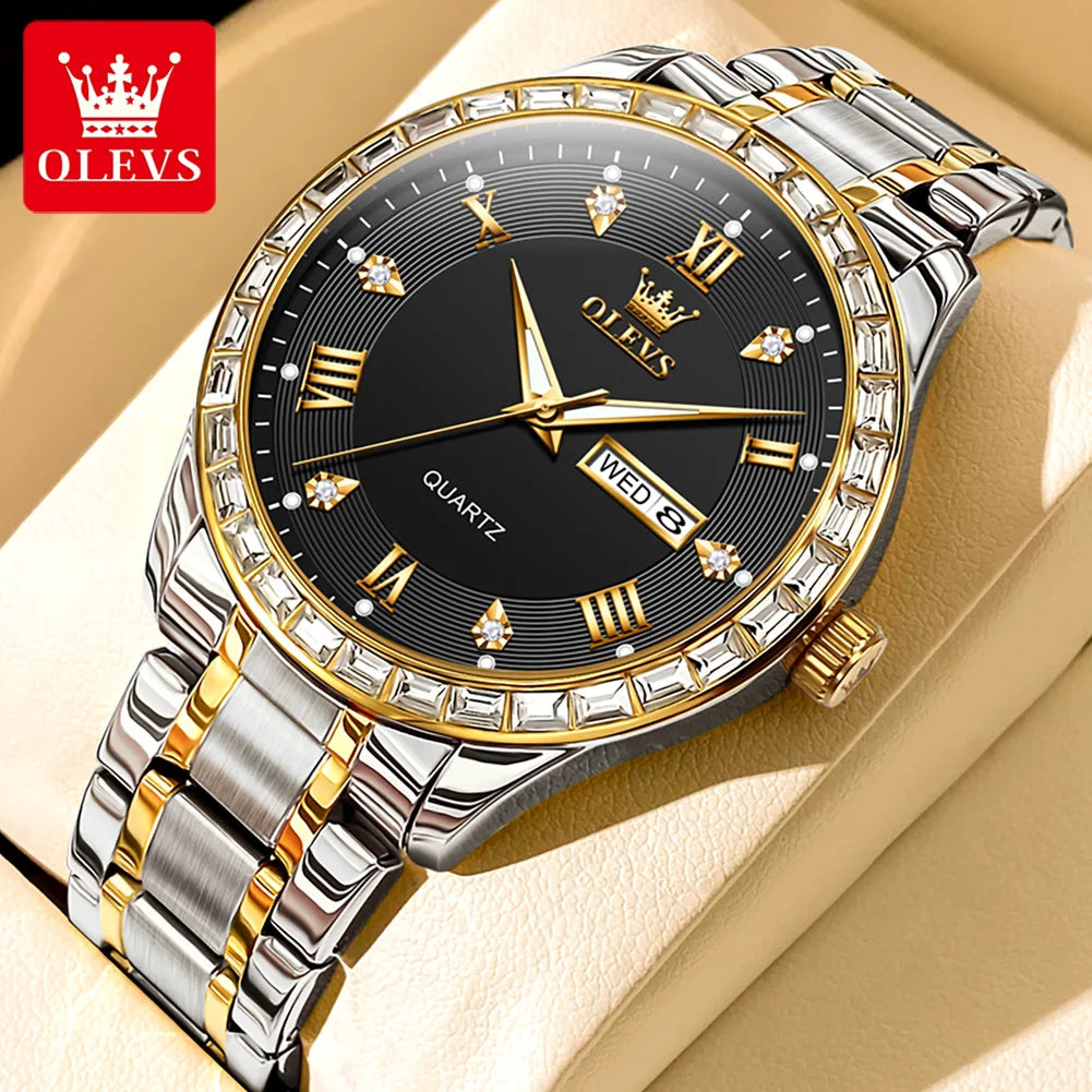 Olevs Herren uhren Top-Marken klassiker Mode Original Quarz Armbanduhr für männliche Zirkon Lünette wasserdichte leuchtende Datum Woche