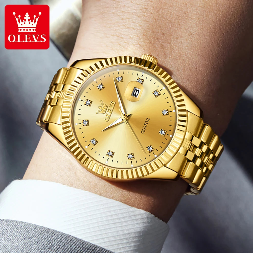 Olevs Herren uhren Luxus Gold Original Quarz Armbanduhr wasserdichte leuchtende Lupe Datum Diamant waage Casual Daily Dress