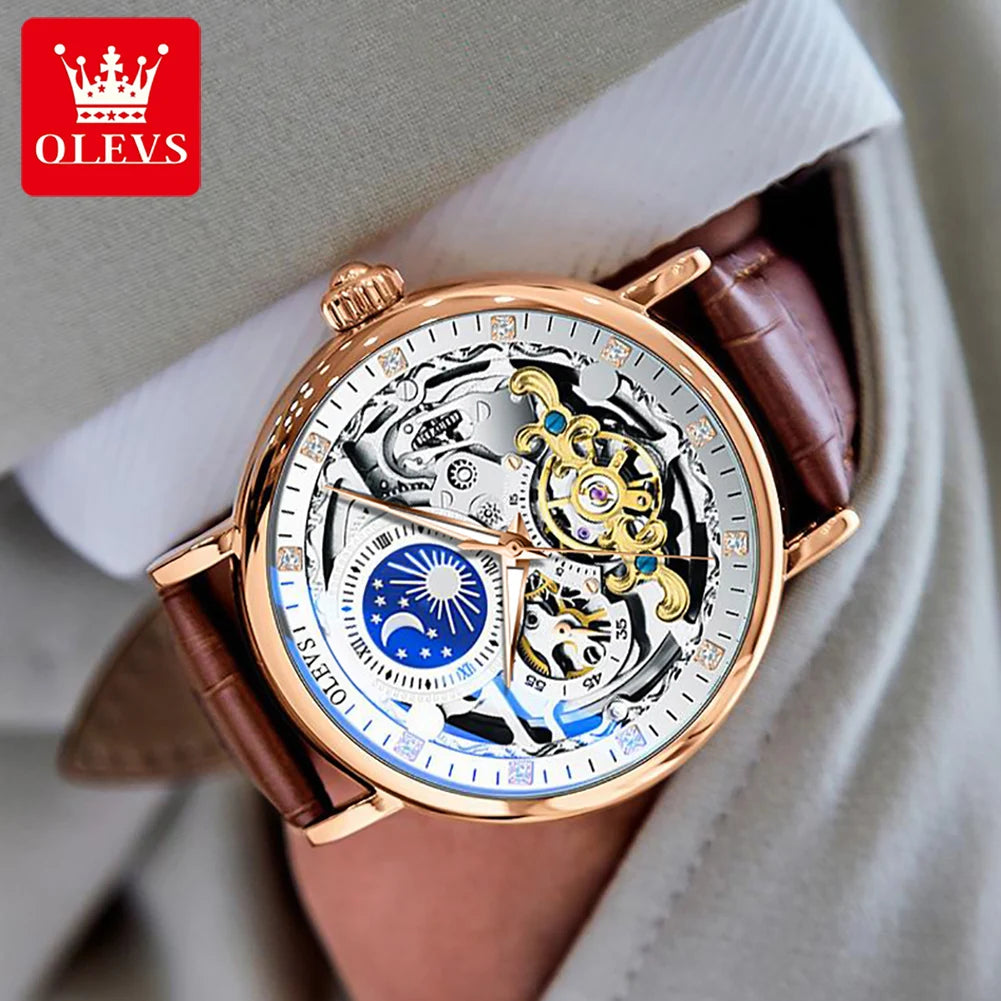 OLEVS Skelett Uhren Mechanische Automatische Uhr Männer Tourbillon Sport Uhr Casual Business Mond Armbanduhr Uhren Hombre