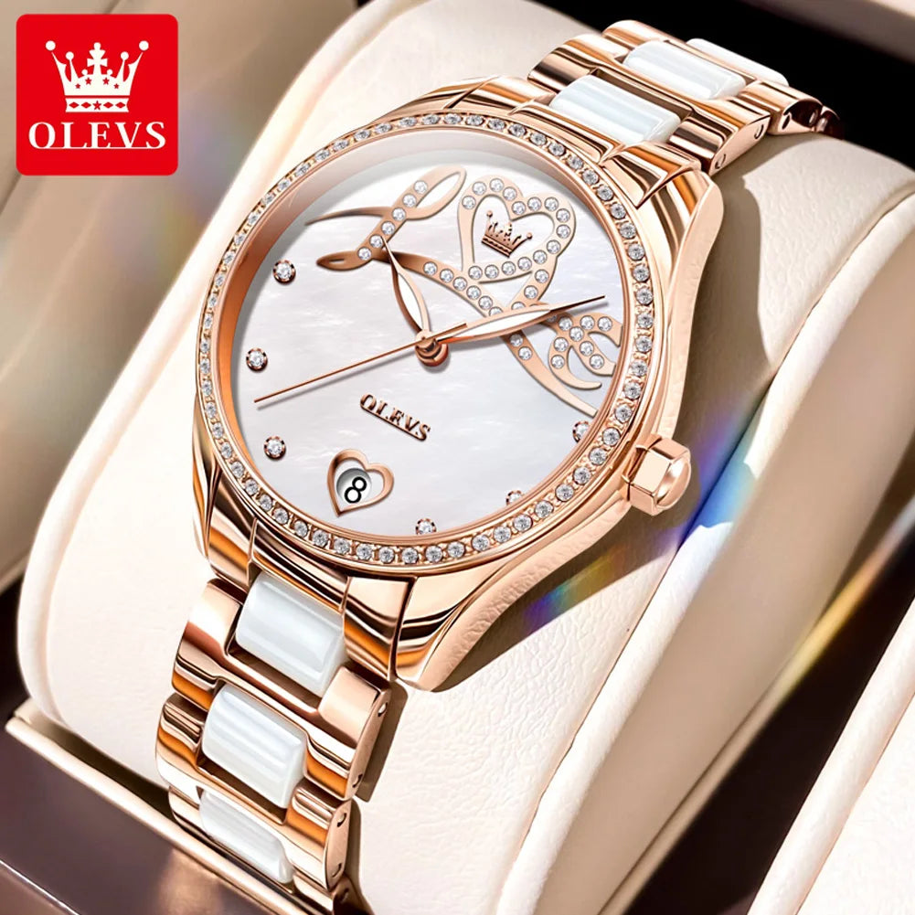 Olevs 6686 Liebe Zifferblatt Luxus mechanische Uhr für Frauen Keramik Stahl armband wasserdichte Armbanduhr Diamant Auto Datum Frau Uhren