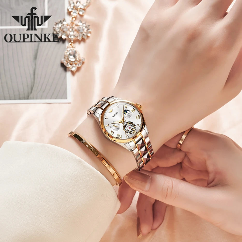 OUPINKE 3202 Hollow Women's Watch Swiss Luxury Brand Automatic Mechanical Watch Waterproof Moonphase Chronograph Women's Watch