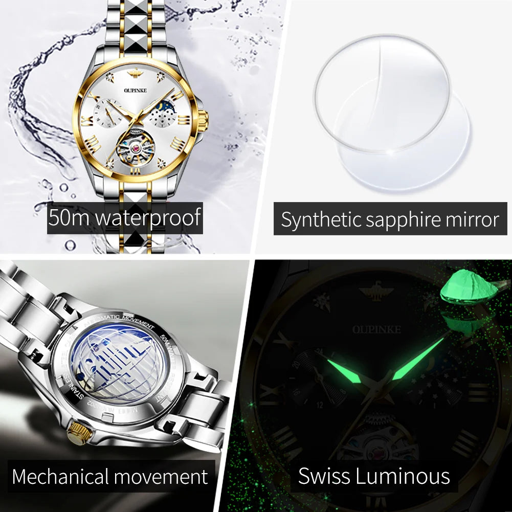 Oupinke Skelett Schwungrad mechanische Armbanduhr für Frauen Mondphase Chronograph wasserdichte elegante Damen Automatik uhr