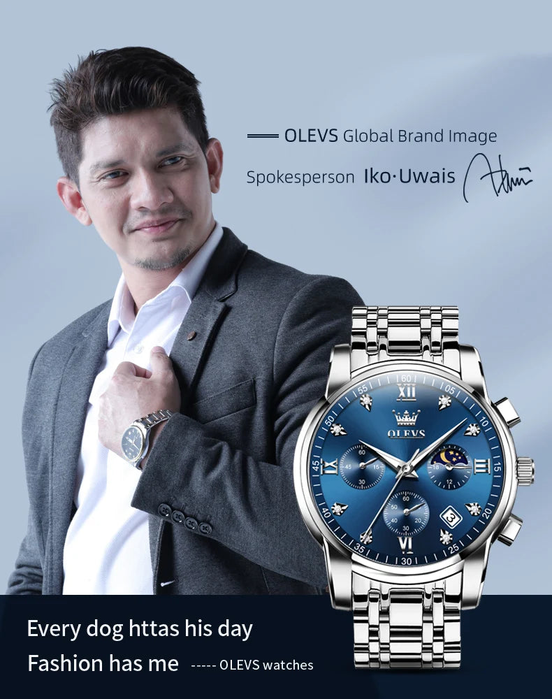 OLEVS Herrenuhren, klassische Mode, multifunktionaler Chronograph, Original-Quarz-Armbanduhr, wasserdicht, leuchtendes Mondphasen-Datum