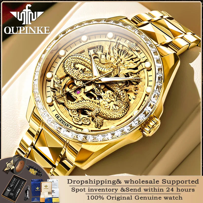 Oupinke 3276 Luxus Männer goldenen Drachen mechanische Uhr importierte Marken werk Diamant uhr Original Saphir Spiegel Herren uhr