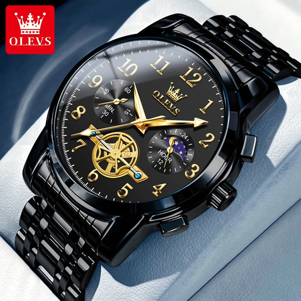 Olevs 2900 Mondphase Uhr Männer Edelstahl wasserdicht leuchtende Mode Skelett Chronograph Quarz Armbanduhr für Männer neu