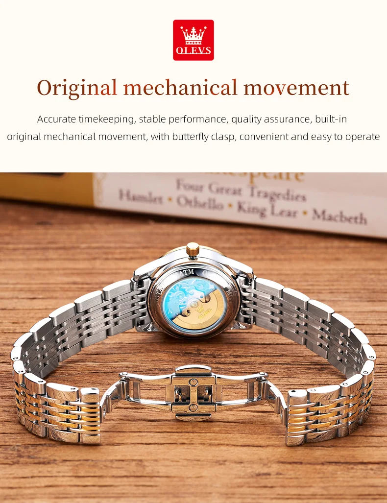 Olevs Luxusmarke Damen automatische mechanische Armbanduhr wasserdichte Edelstahl einfache Uhr für Frauen Geschenk für Mädchen