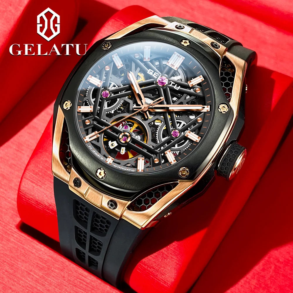 Gelatu 6008 original Luxusmarke Herren automatische mechanische Uhr Mode wasserdichte Skelett Saphir Spiegel Sport Herren uhr