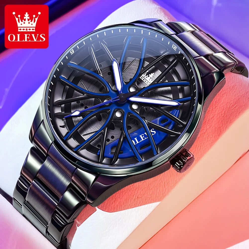 OLEVS 9937 Herrenuhr Original drehbares Radnaben-Zifferblatt, modischer Trend, Quarzuhr, wasserdicht, leuchtend, Edelstahl, Reloj