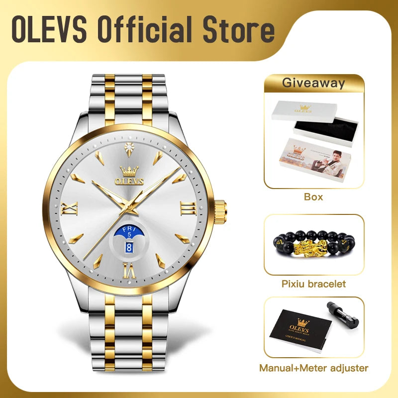 OLEVS 3646 Herrenuhr Original Business Simply Quarz Großes Zifferblatt Wasserdicht Leuchtende Reloj Dual Kalender Display Uhr Für Mann