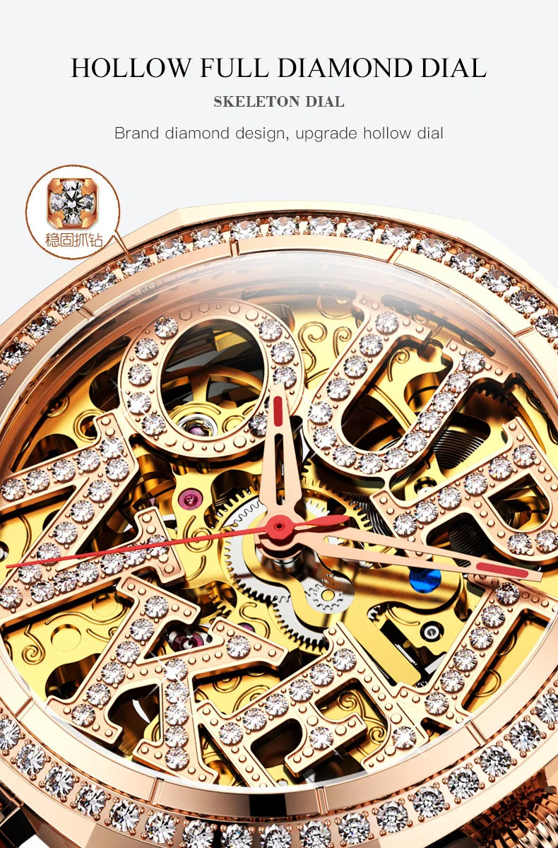 Oupinke Top Marke Original mechanische Uhr für Frauen Hohl Diamant Zifferblatt automatische Armbanduhren Mode Luxus Handuhr