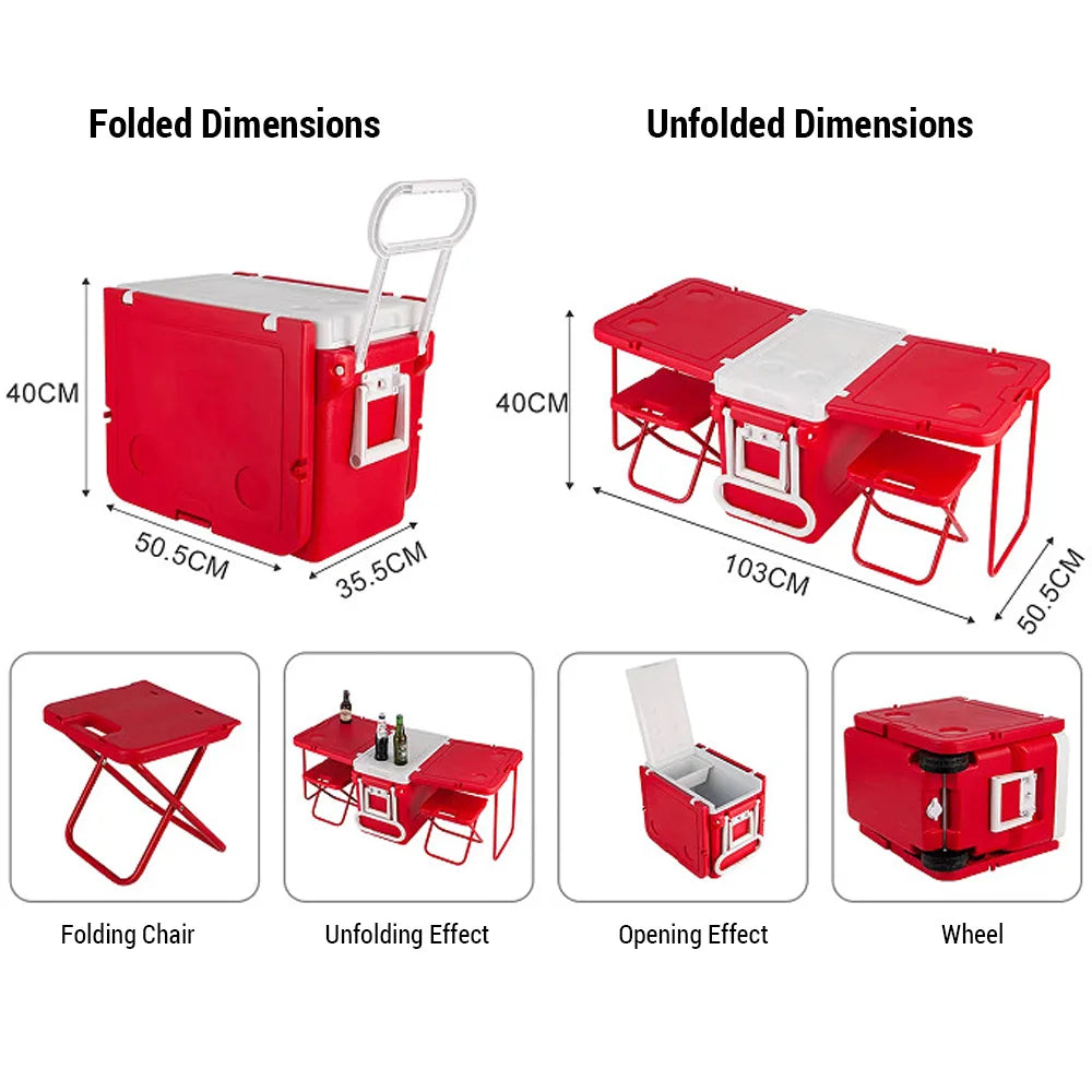 32L Rolling Cooler Ice Chest Camping Outdoor Picnic Portable Heat Insulation Box with Table and Chair