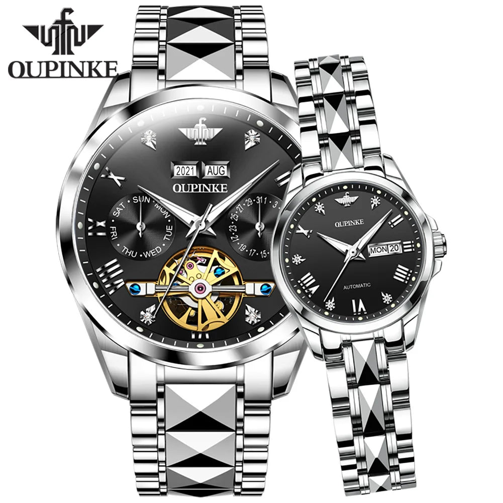 OUPINKE Paar Uhren Top Luxus Original Automatische Mechanische Armbanduhr Wasserdicht Wolfram Stahl Liebhaber Uhr für Männer Frauen