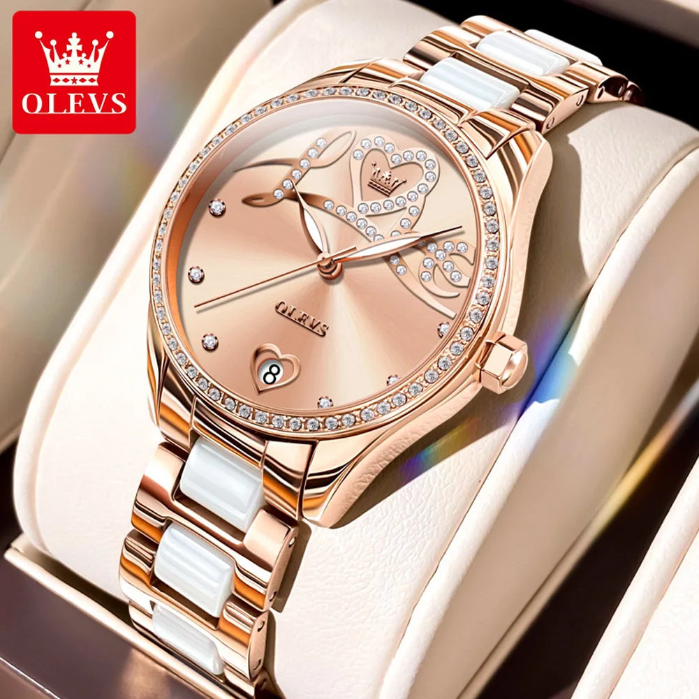 Olevs 6686 Liebe Zifferblatt Luxus mechanische Uhr für Frauen Keramik Stahl armband wasserdichte Armbanduhr Diamant Auto Datum Frau Uhren