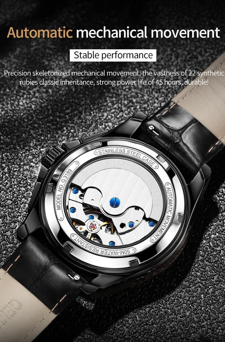 OUPINKE Echte männer Automatische Mechanische Uhr Wasserdicht Kalender Saphir Spiegel Armbanduhr herren Uhr Religio Masculino