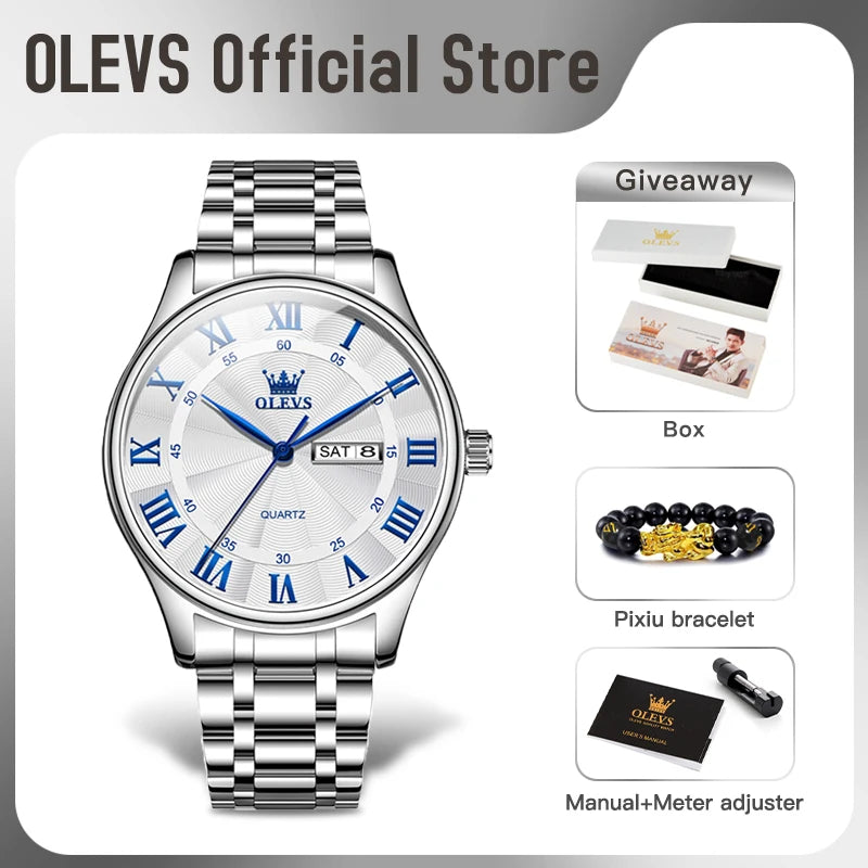 OLEVS 3663 Herrenuhr, klassische Original-Marken-Quarzuhr, wasserdicht, leuchtende Uhren für Männer, Dual-Kalender-Display, Geschenkbox