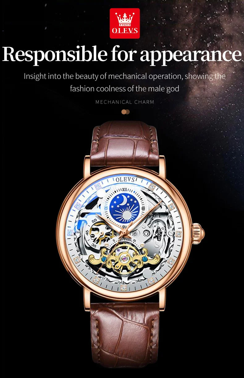 OLEVS Skelett Uhren Mechanische Automatische Uhr Männer Tourbillon Sport Uhr Casual Business Mond Armbanduhr Uhren Hombre