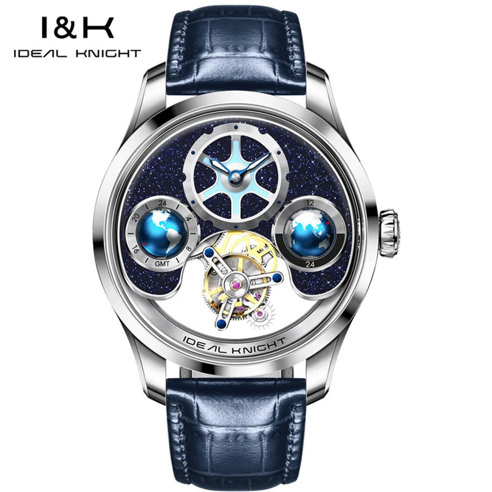 Ideal Knight 6805 Tourbillon Watch for Men 3D Rotating Blue Earth Design 12 Hours Tray Skeleton Waterproof Men's Wristwatches