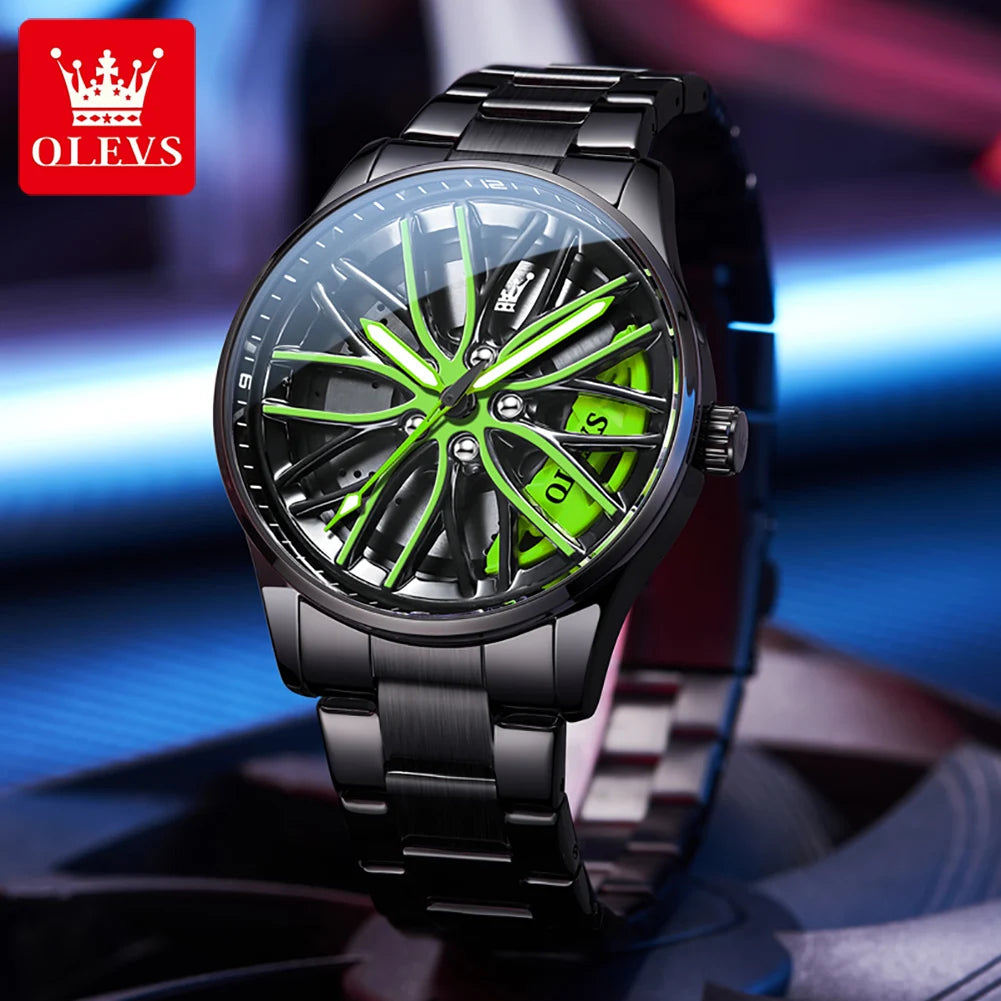 OLEVS 9937 Herrenuhr Original drehbares Radnaben-Zifferblatt, modischer Trend, Quarzuhr, wasserdicht, leuchtend, Edelstahl, Reloj