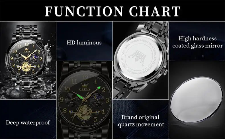 OLEVS Herrenuhren, Top-Marke, modisch, multifunktionaler Chronograph, Mondphase, 24-Stunden-Original-Quarzuhr für Herren, wasserdicht