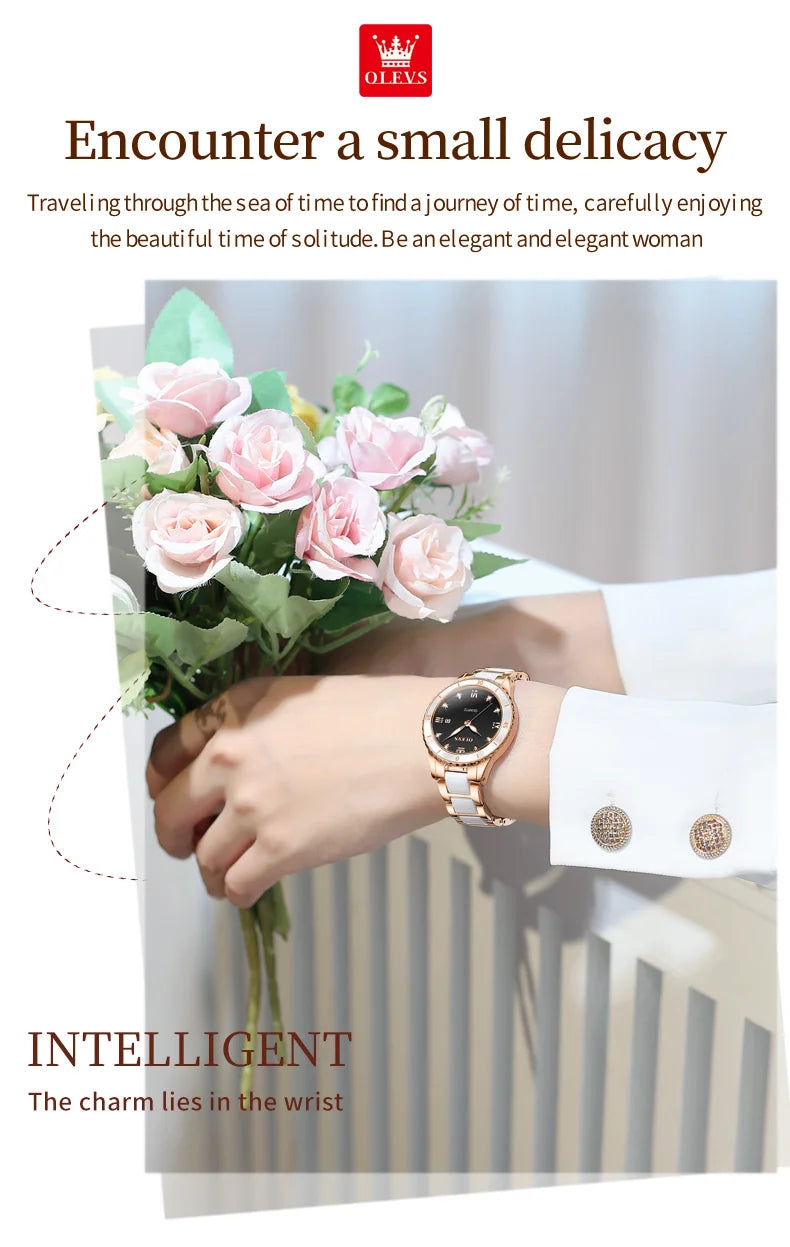 OLEVS Damenuhren, elegante Mode, Keramik, Quarz, Wirtwatch für Damen, Diamant-Skala, Datumsanzeige, wasserdicht, leuchtend