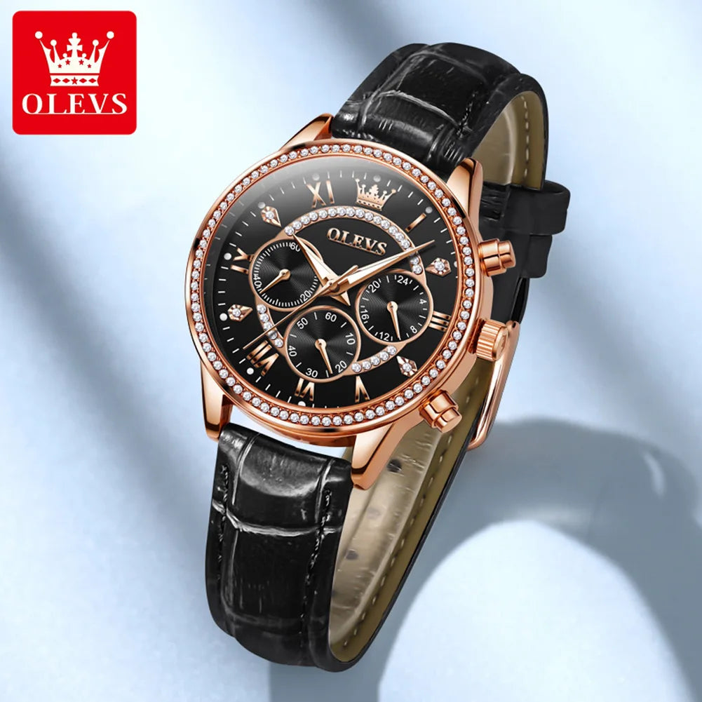 Olevs Damen uhren Mode elegante Diamant Lünette Original uhr für Damen weiches Leder armband wasserdicht leuchtenden Chronograph