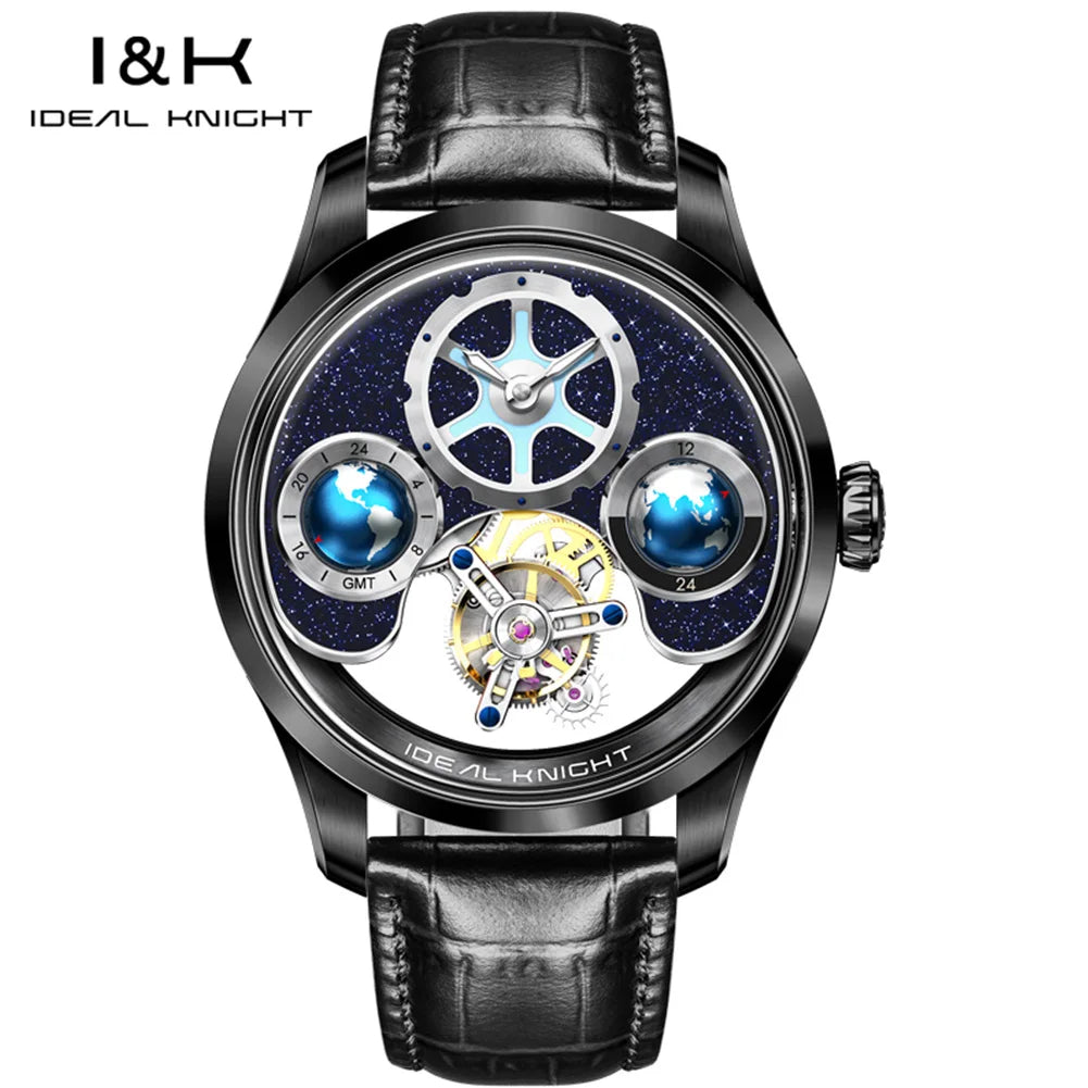 Ideal Knight 6805 Tourbillon Watch for Men 3D Rotating Blue Earth Design 12 Hours Tray Skeleton Waterproof Men's Wristwatches