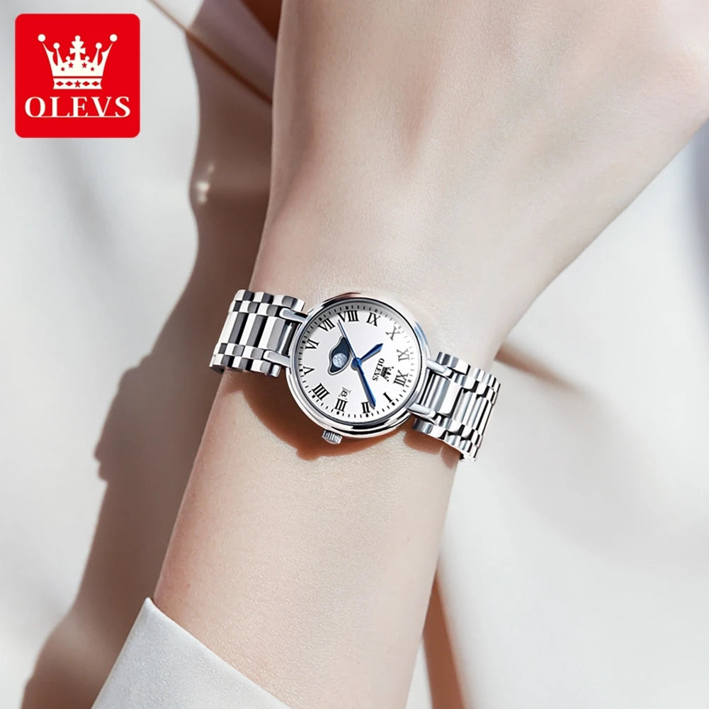 Olevs Damen uhren Minimalismus Mode Original Mädchen Armbanduhr wasserdicht Edelstahl Kalender Mond Pash Armband Set