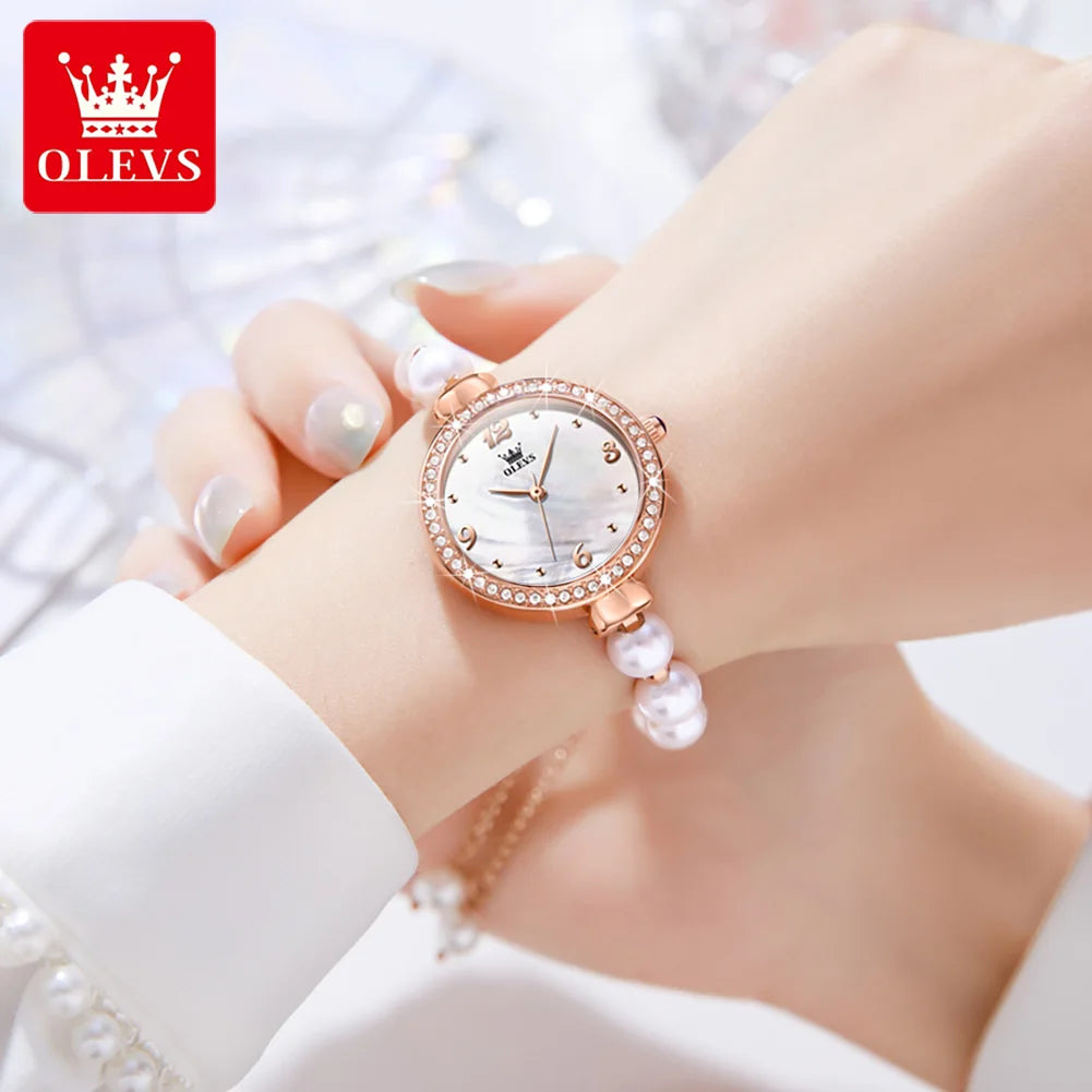 OLEVS 9968 Frauen Uhr Elegante Mode Original Kleine Zifferblatt Quarz Armbanduhr Wasserdichte Perle Uhr Kette Damen Uhr Box Reloj