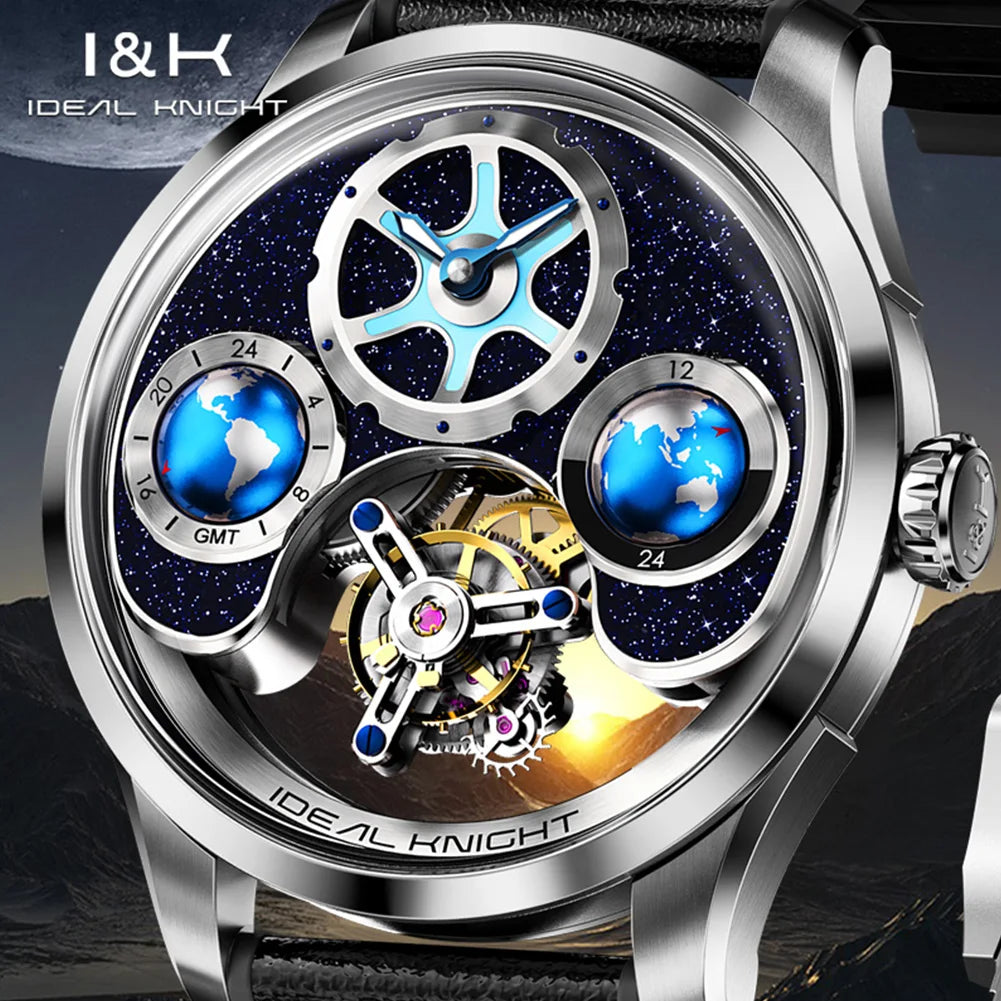 IDEAL KNIGHT 6808 Hollow Tourbillon Watch Luxury Brand Men Watch Fashion Business Waterproof Luminous Blue Earth Design Watch ﻿