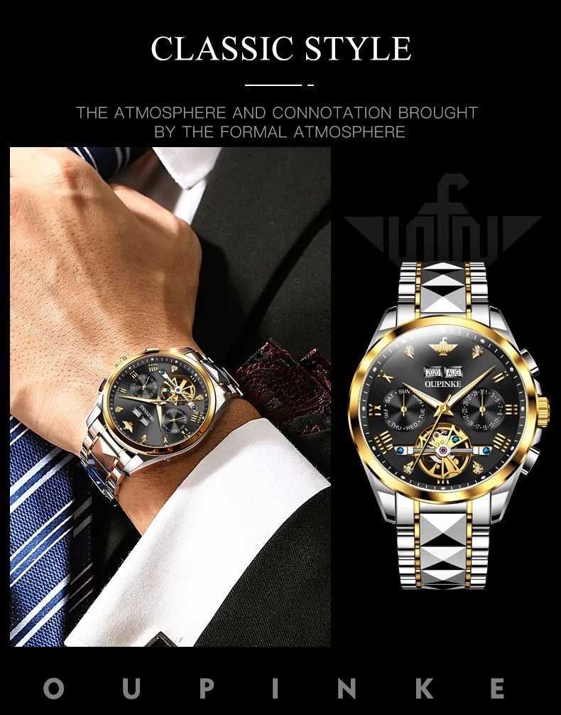 OUPINKE Top Marke männer Uhren Luxus Sapphire Automatische Mechanische Uhr für Mann Wolfram Stahl Tourbillon Wristwath Kalender