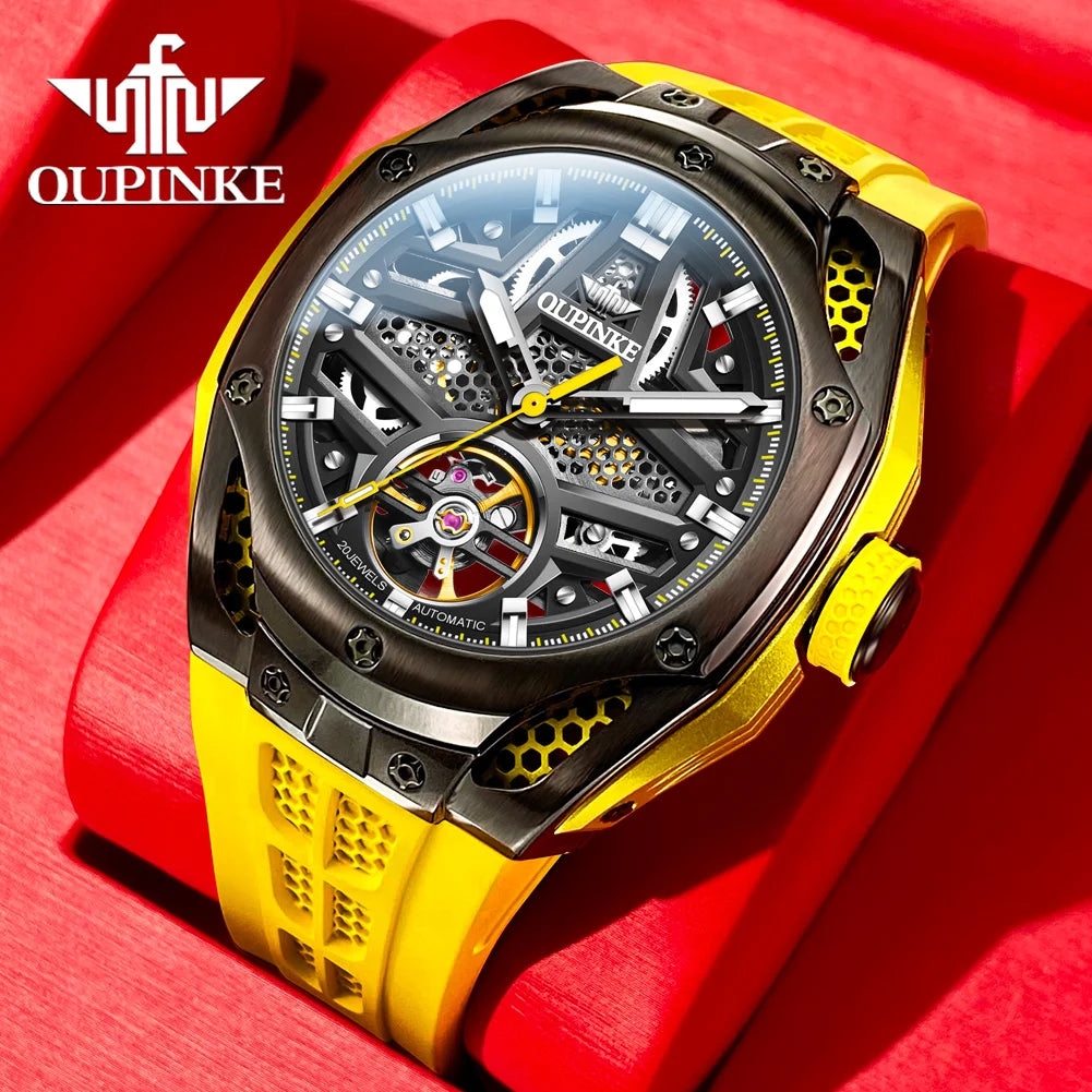 Oupinke 9003 hohle automatische mechanische Uhr für Männer Skelett Schwungrad Sport Herren uhren Silikon armband Original Handuhr