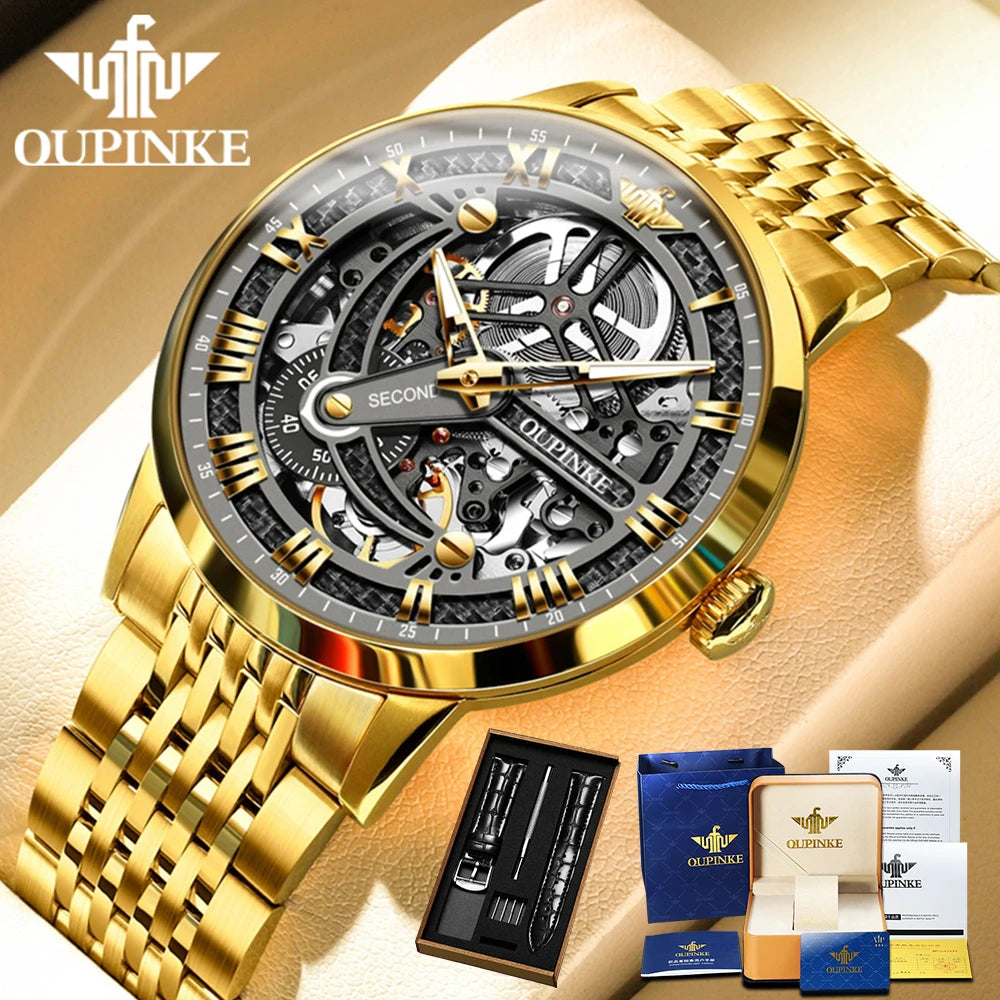 Oupinke High-End-Herren mechanische Uhren Skelett hohle automatische Mann Handuhr Luxus wasserdichte Herren Kleid Armbanduhr