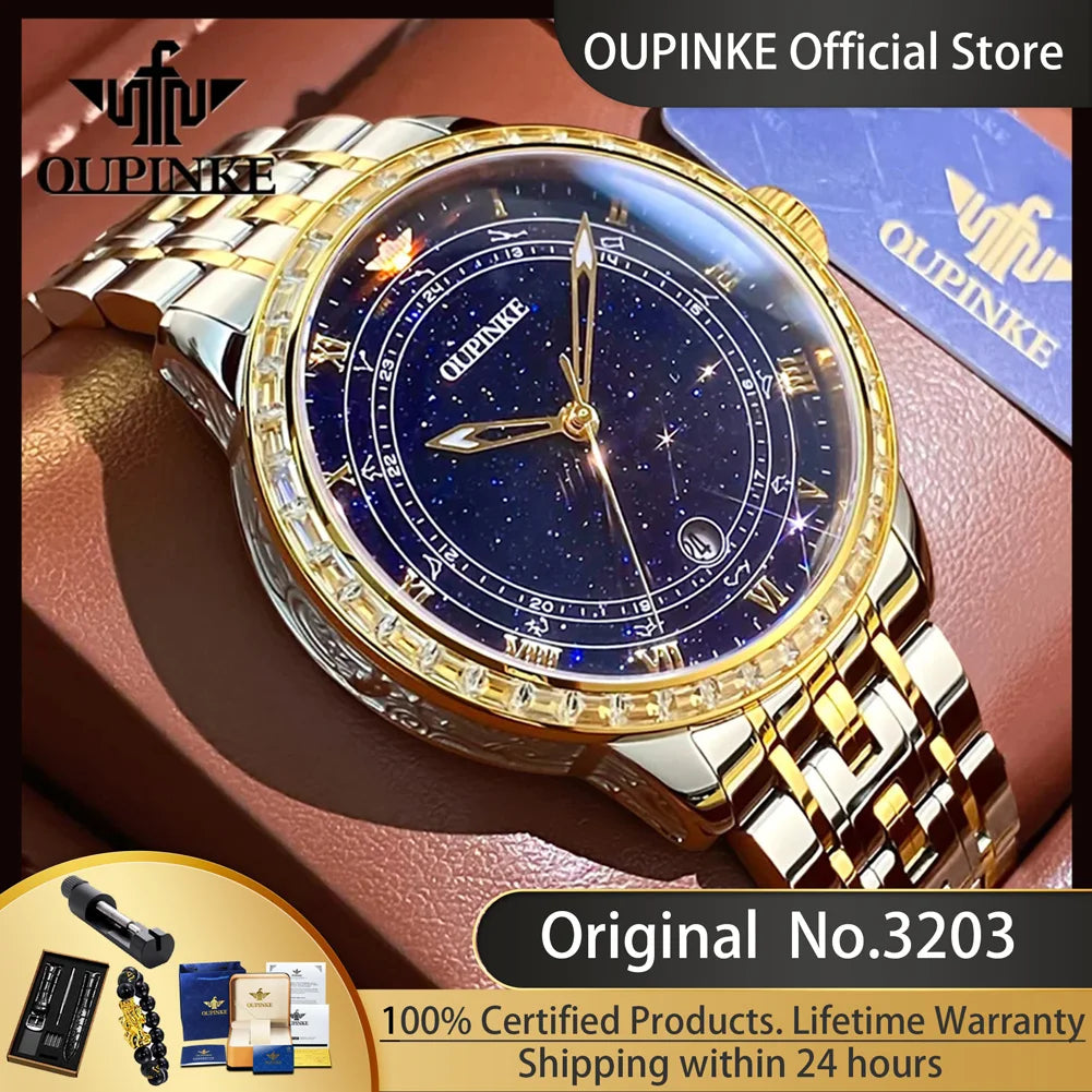 Oupinke 3203 sternen klare himmelblaue Herren automatische mechanische Uhren 12 Sternbilder Design Top Marke Mode Luxus uhr für Herren