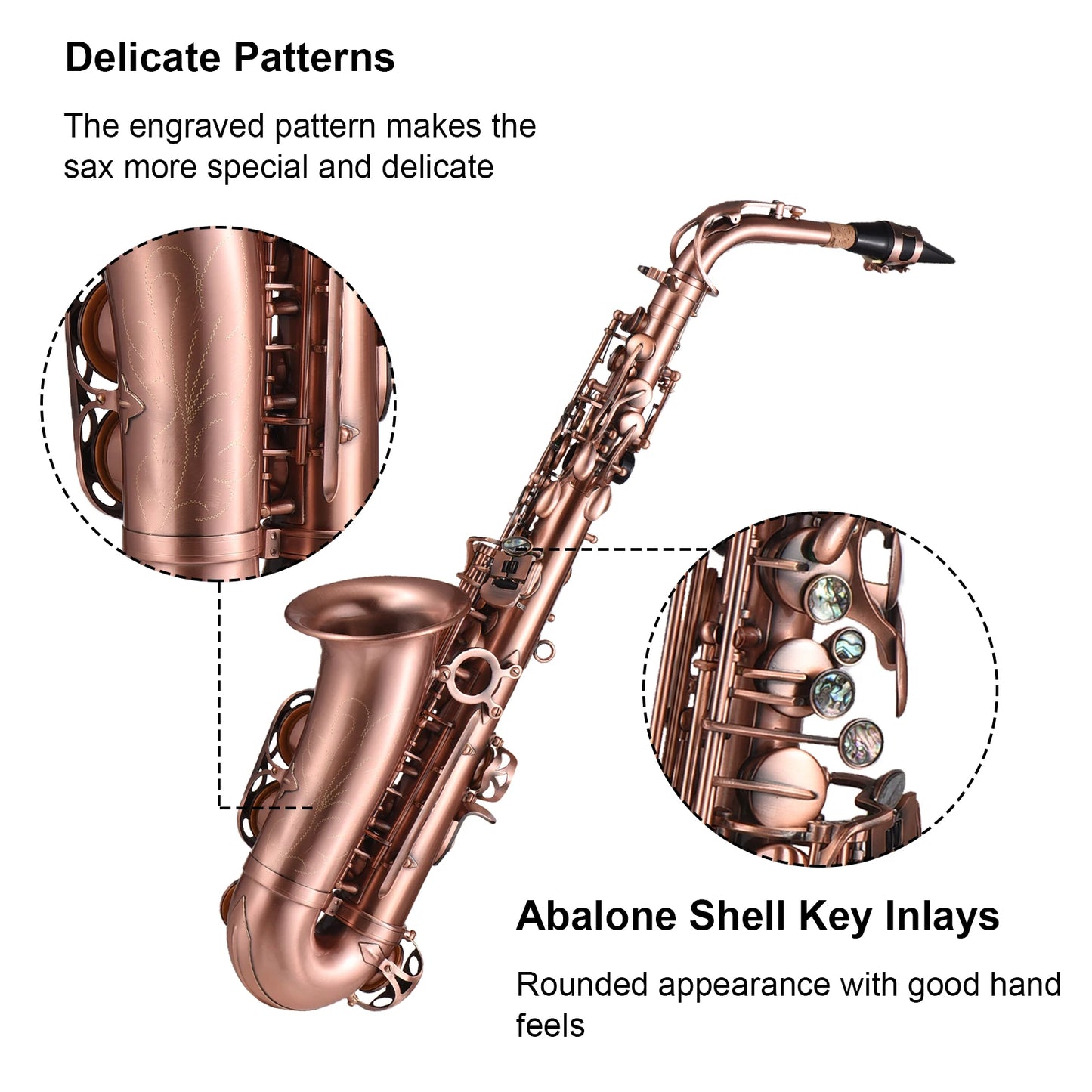 Btuty Professional Red Bronze Bend Eb E-flat Alto Saxophone Sax Abalone Shell Key Carve Pattern with Case Handschuhe Reinigungstuch