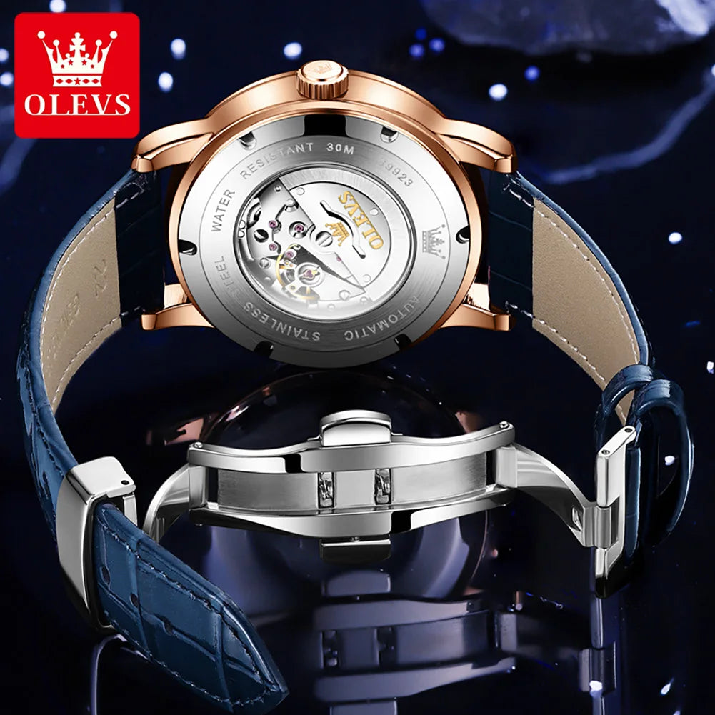 OLEVS herren Uhren Mondphase Automatische Mechanische Uhr für Mann Blau Leder Luxus Kleid Wasserdicht Leucht Armbanduhr