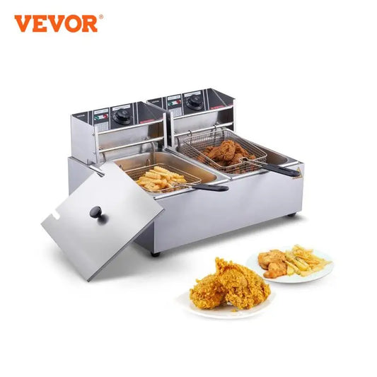 VEVOR Elektrische Edelstahl Fritteuse 24 L, Doppelter Tank Fritteuse Maschine 1500 W + 1500 W, inkl. 2 Frittierkörbe, 2 Abdeckungen, Kommerzielle Fritteuse für Restaurants, Cafés, Imbissstuben usw.