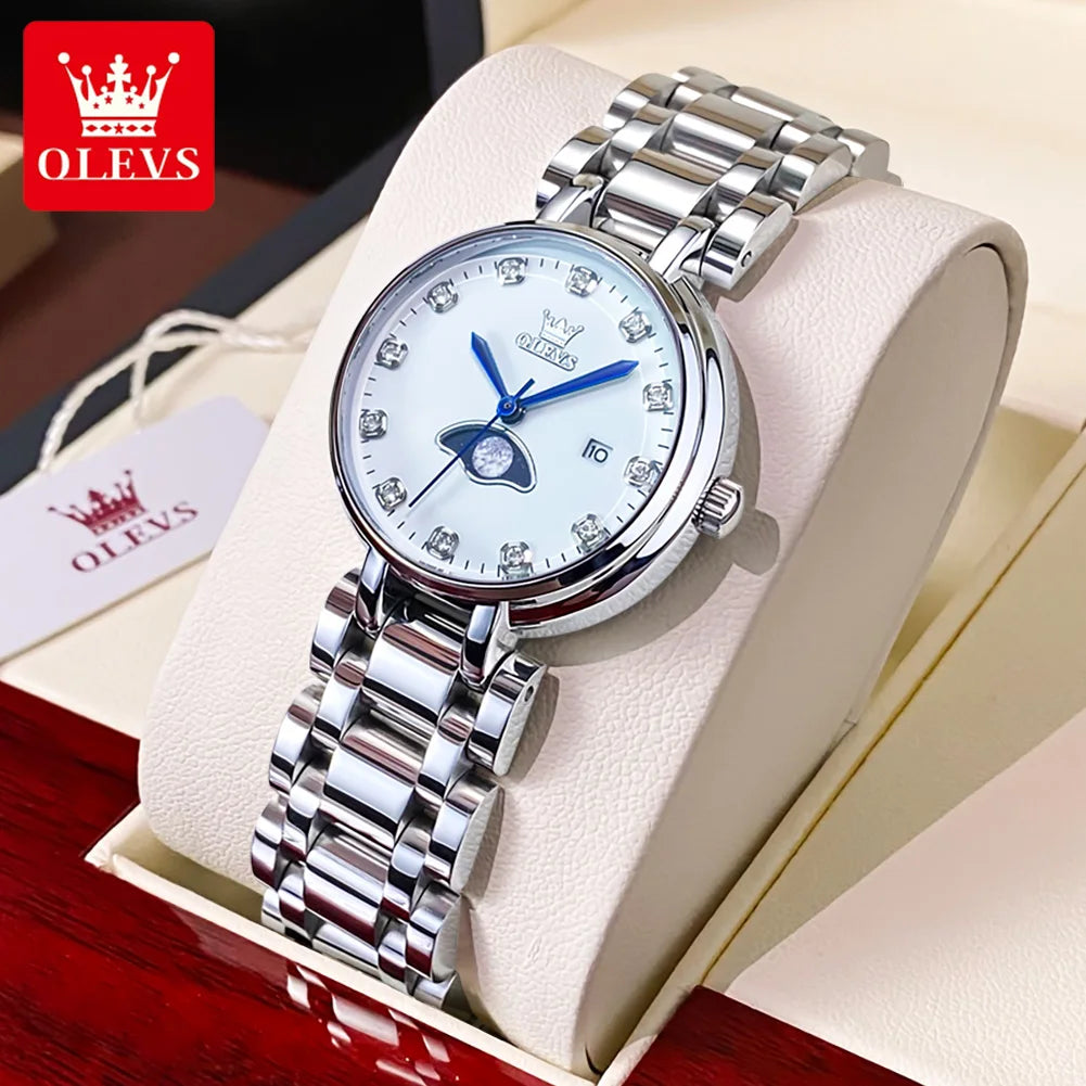 Olevs Damen uhren Minimalismus Mode Original Mädchen Armbanduhr wasserdicht Edelstahl Kalender Mond Pash Armband Set