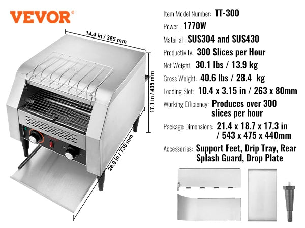 VEVOR Durchlauf-Toaster 1300 W Förderbandtoaster, Kettentoaster, Drei Multifunktionale Betriebsarten 150 Scheiben pro Stunde, Silber Kommerzieller Toaster Förderband Edelstal Restaurants, Bäckereien