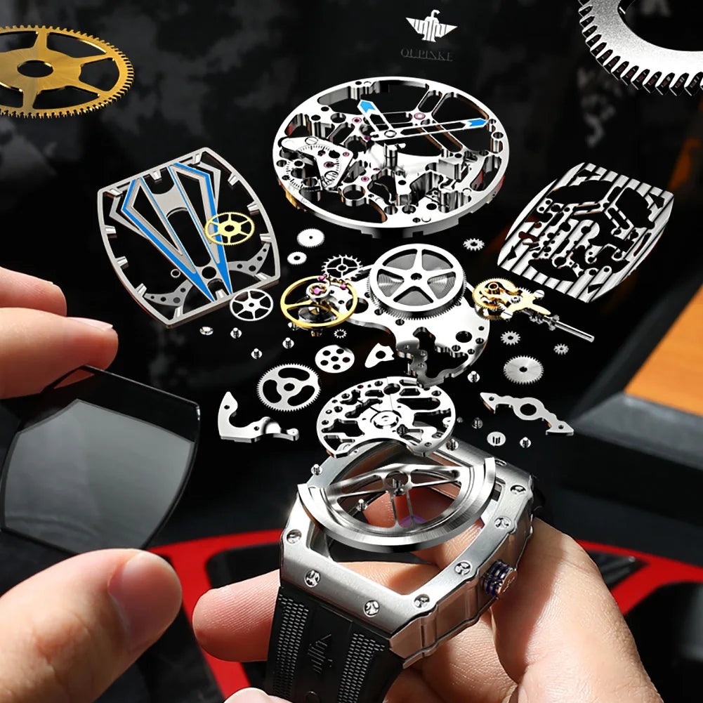 OUPINKE 3179 Men's Watch Luxury Brand Automatic Mechanical Watch Silicone Strap Sapphire Mirror Waterproof Skeleton Men's Watch