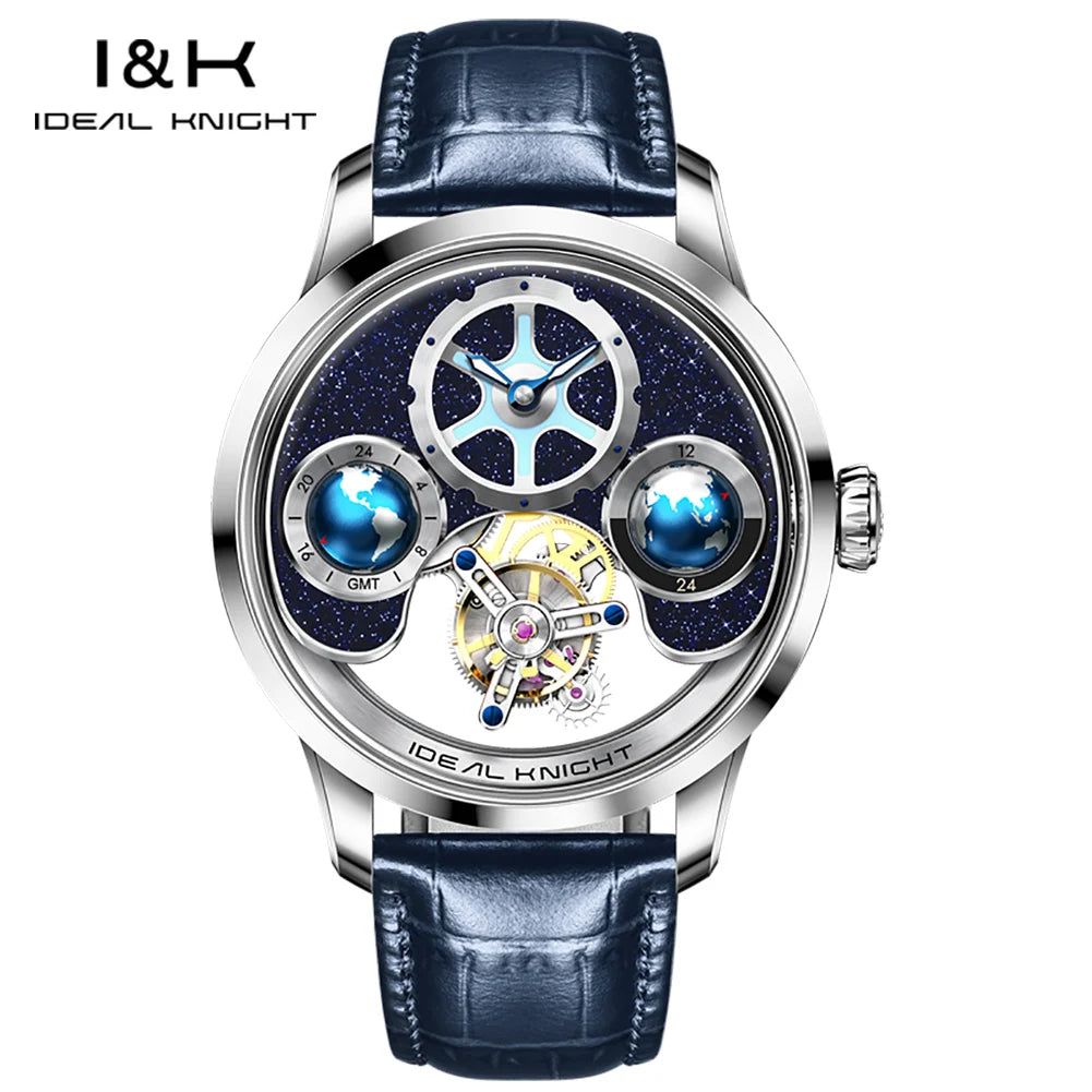 Ideale Ritter 6808 Tourbillon Uhren für Männer Blue Earth Serie High-End-Luxusmarke Skelett automatische mechanische Armbanduhren